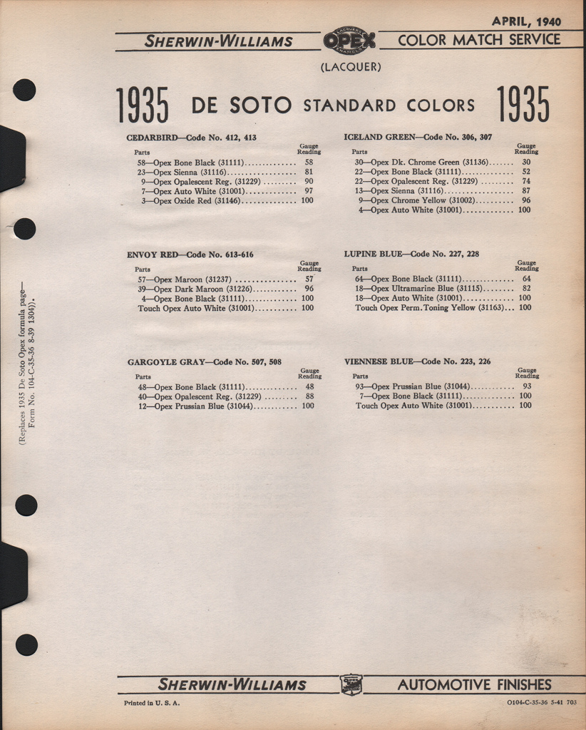 1935 DeSoto Paint Charts Williams 2
